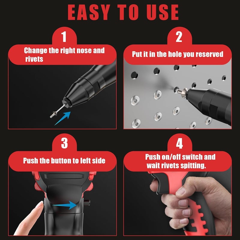 Cerycose Cordless Rivet Gun Kit Compatible with Milwaukee 18V Brushless Electric Riveters Gun Tool with 3-Size Steel Rivets(1/8"-5/32"-3/16") LED Light & Nose Piece (Bare Only) - Image 5